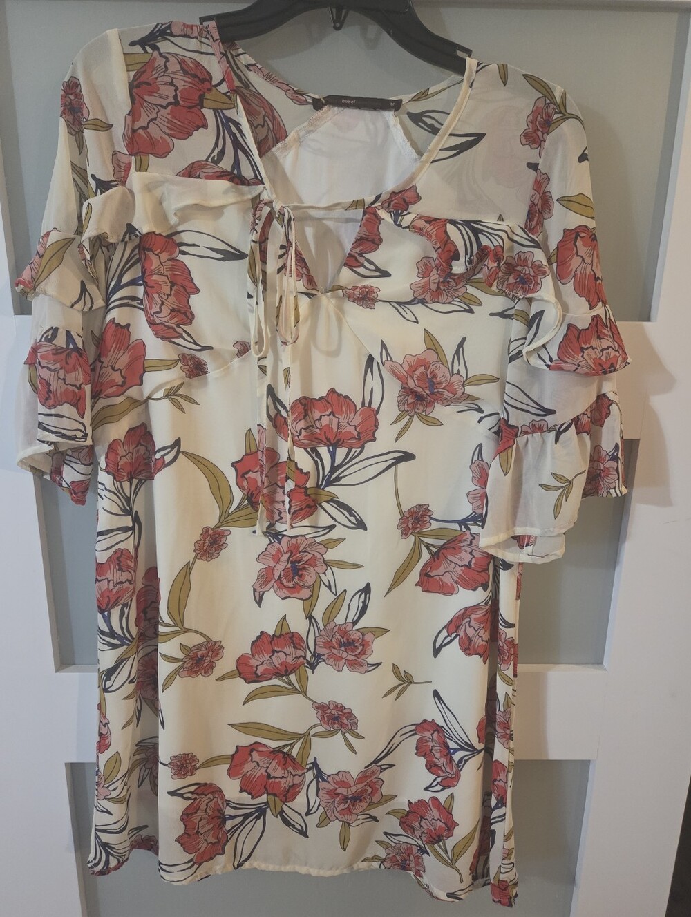 hazel Cream Floral Tie-Neck Ruffle Sleeve Top